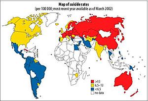 Porcentaje de suicidios en el mundo, año 2002. Fuente: OMS.